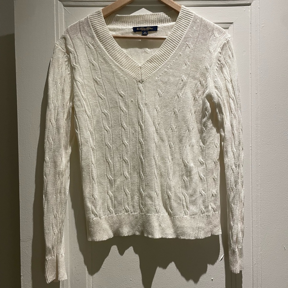 Brooks Brothers Cream V-Neck Cable Knit Sweater